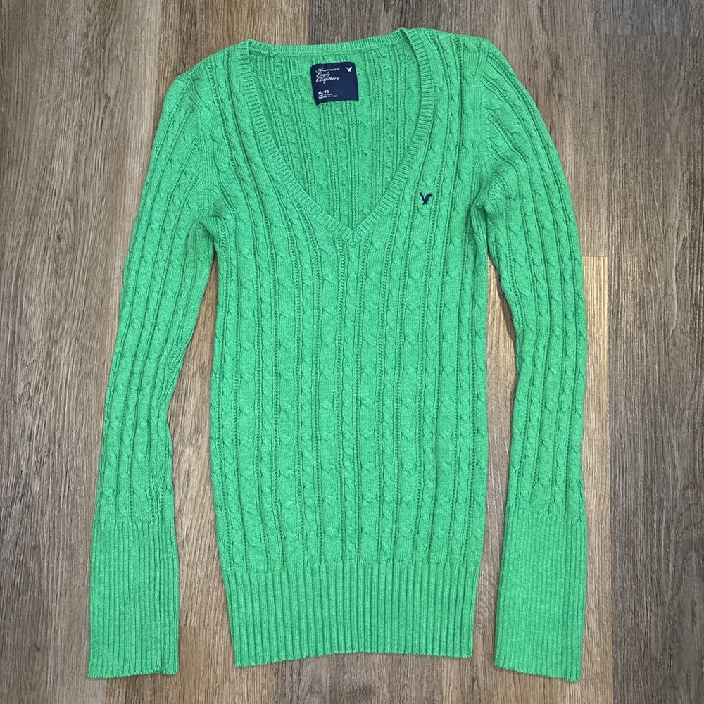 American Eagle Y2K‎ Sweater Women's XL Shamrock Green Cable Knit Fitted V Neck